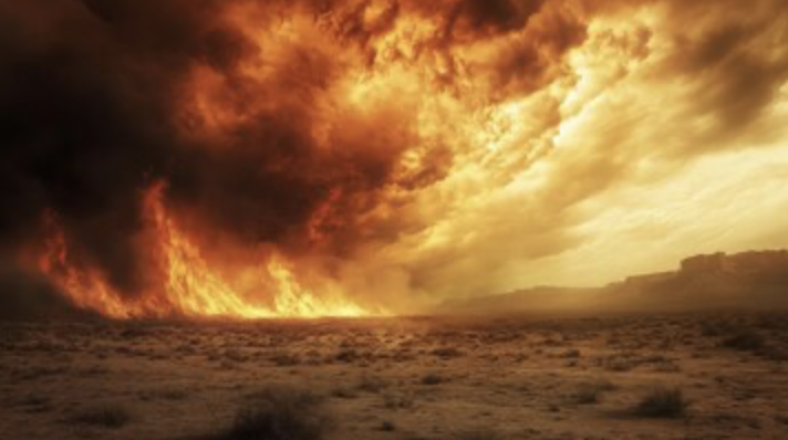 A desert with tiny shrubs. In the distance are massive flames reaching up to the sky with lots of black smoke.